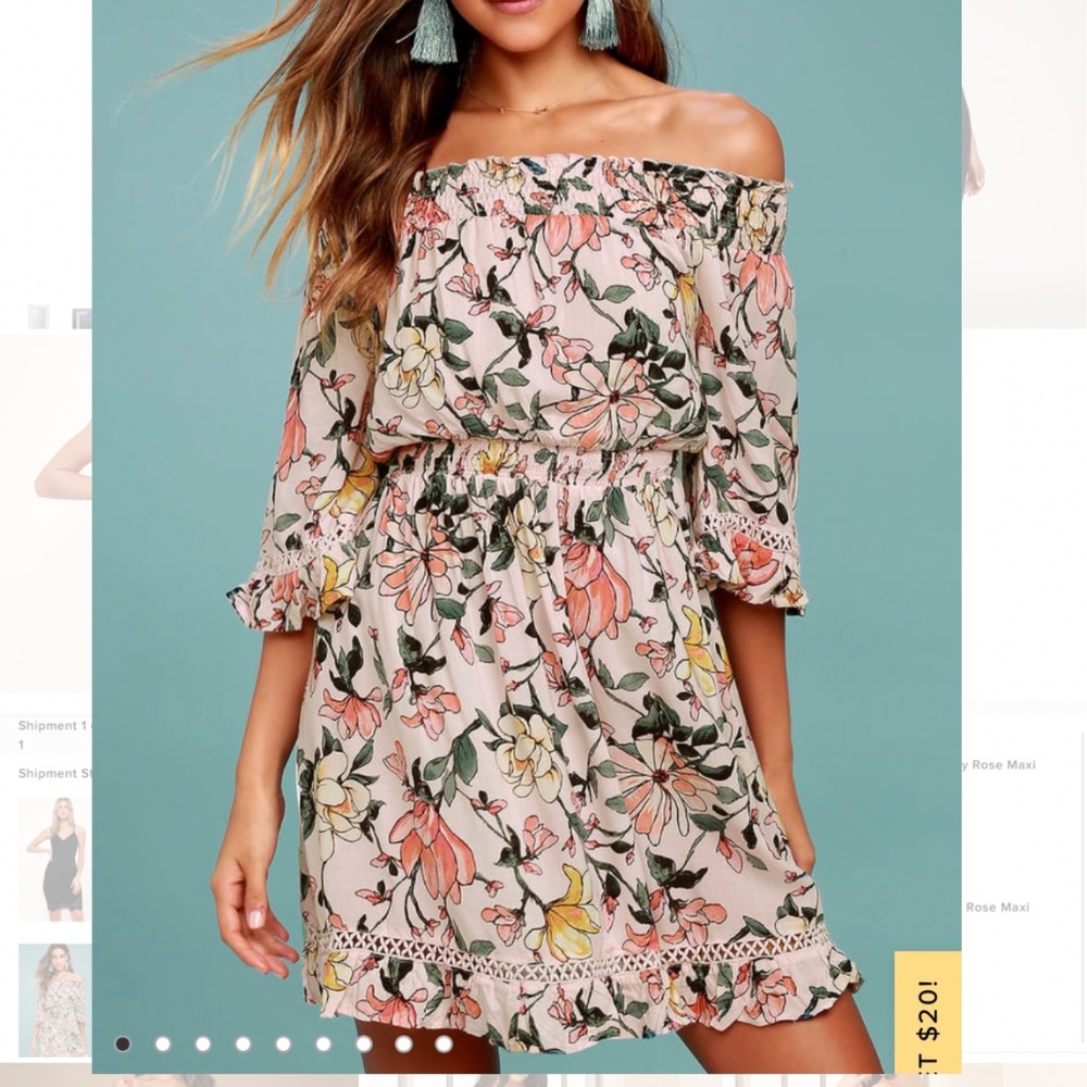 Hello, Darling Blush Pink Floral Print Off-the-Shoulder Dress